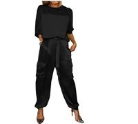 2024 Conjunto de dos piezas para mujer de WOLIFA, elegante y satinado, con mangas cortas, conjunto casual, 2, M