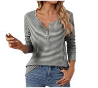 2024 e invierno nuevo cuello redondo botón sólido rayas casual camiseta top collar de San Valentín, gris, L