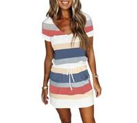 2024 Mini Vestido Casual de Verano con Cuello en V y Tirantes Sueltos, Vestido de Camiseta con cordón a Rayas y Bolsillos (L,Colorful Blue)