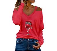 2024 Navidad Camiseta de Manga Larga Mujer Cuello en V Sexy Moda Copa de Vino Estampada Elegante Camisa in Hombro Invierno Fiesta Casual Túnica Tops T-Shirt Original tee Blusa Christmas 2025