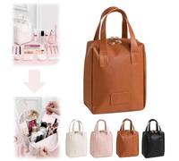 2024 New Premium Makeup Bag,Large Capacity Double Zipper Travel Cosmetic Bags,PU Leather Waterproof Make Up Organizer,Multi Compartment Portable Toiletry Bag with Handle and Divider (Brown)