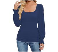 2024 Nueva camiseta con cuello cuadrado, mangas abullonadas a rayas y mangas largas para mujer 90 Él Ropa, azul, L