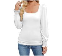 2024 Nueva camiseta con cuello cuadrado, mangas abullonadas a rayas y mangas largas para mujer 90 Él Ropa, Blanco, XXL