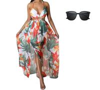 2024 Nueva Mujer Verano Estampado Floral Cadena decoración Dividida Muslo Lazo Espalda Cami Vestido Verano Casual Playa Maxi Vestido (_ S,Blanco)
