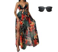 2024 Nueva Mujer Verano Estampado Floral Cadena decoración Dividida Muslo Lazo Espalda Cami Vestido Verano Casual Playa Maxi Vestido (_ S,Negro)