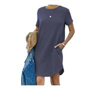 2024 Nuevo Vestido Camisero Casual de Verano de Manga Corta para Mujer Vestidos básicos de Color sólido con Bolsillos (Large,Dark Blue)