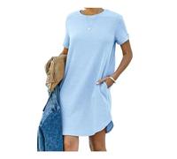 2024 Nuevo Vestido Camisero Casual de Verano de Manga Corta para Mujer Vestidos básicos de Color sólido con Bolsillos (Large,Light Blue)
