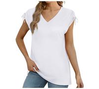 2024 primavera verano frontera ropa europea estilo caliente Color sólido cuello en V manga corta suelto camiseta para mujer suéter corto mujer, Blanco, S