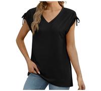 2024 primavera verano frontera ropa europea estilo caliente Color sólido cuello en V manga corta suelto camiseta para mujer suéter corto mujer, Negro , XXL