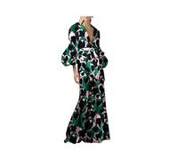 2024 Vestido Maxi Bohemio Sexi con Mangas abullonadas y Corte en A para Mujer con Cuello en V Estampado Elegante Vestido Largo a la Moda para Vacaciones Vestido con Volantes y Costuras