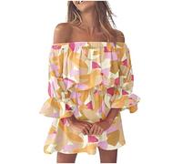 2024 - Vestidos de verano para mujer 2022 Playa Sexy fuera del hombro Túnica Vestidos de verano casuales de corte suelto Campana Mangas Mini Vestido Floral Mujeres Vestidos Primavera, amarillo, M