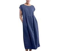 2024 Vestidos Largo Mujer Algodón y Lino Vestido Verano Casual Basico Vestidos Cuello Redondo Moda Color sólido Elegante Vestido Manga Corta Cómodo Bolsillo Playa Talla Grande