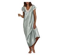 2024 Vestidos Largo para Mujer Camisón Vestido Primavera Verano Seda Raso Color sólido Encaje Pijama Casual Cómodo Vestidos Manga Corta Cuello en V Basic Suelto Vestidos Diario Talla Grande
