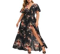 2024 Vestidos Largo para Mujer Vestido Manga Corta Talla Grande Elegante Primavera Verano Impresión Floral Casual Vestidos Cuello en V Fiesta Moda Playa Suelto Vestido de Noche Vacaciones