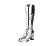 2025 - Botas blancas de plataforma hasta la rodilla, tacones gruesos de bloque a media pantorrilla, Go Go, talla 8, punta redonda, vaqueros, para mujer, Silver, 38 EU