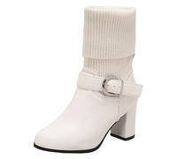 2025 - Botas casuales de lana de punto cálido de color sólido para mujer, tacón grueso, hebilla de cinturón, manga grande, botas cortas de piel y tacón grueso, White, 39 EU