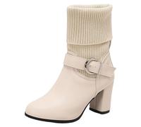 2025 - Botas casuales de lana de punto cálido de color sólido para mujer, tacón grueso, hebilla de cinturón, manga grande, botas cortas de piel y tacón grueso, beige, 39.5 EU