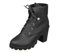 2025 - Botas cortas de piel para mujer, para otoño e invierno, con correas de color liso, tacón grueso, parte inferior gruesa, para mujer, Black, 39.5 EU
