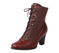 2025 - Botas de comercio exterior para mujer, talla grande, para otoño e invierno, color a juego, con lazo, tacón medio, botas cortas para mujer, tacón grueso, Red, 37.5 EU