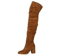2025 - Botas largas hasta la rodilla para mujer, tacones altos gruesos, plisadas, de gamuza, a la moda, sin tacón, Brown, 38 EU
