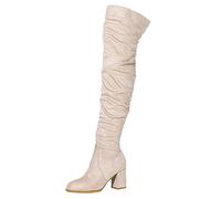 2025 - Botas largas hasta la rodilla para mujer, tacones altos gruesos, plisadas, de gamuza, para hombre, hasta el muslo, beige, 40 EU