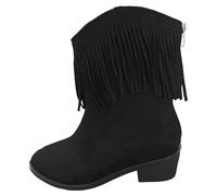 2025 Botas retro con borlas para mujer, otoño e invierno, tacones gruesos puntiagudos, botas cortas de mezclilla occidentales sólidas para mujer, media bota, Black, 40 EU