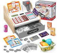 2025 Caja Registradora Juguetes de Madera con Calculadora de Escáner para Niños Niñas 3+ Años, Juguetes de Tienda Juegos Simulación Regalos Educativos para Niños Pequeños 3 4 5 6 7 Años, Blanco&Gris