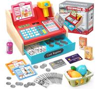 2025 Caja Registradora Juguetes de Madera con Calculadora de Escáner para Niños Niñas 3+ Años, Juguetes de Tienda de Juegos Simulación Regalos Educativos para Niños Pequeños 3 4 5 6 7 Años, Rojo&Azul