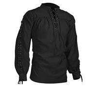 2025 Camisa de lino de manga larga para hombre - Traje de pirata - Ropa medieval - Ropa Vikinga - Traje Peter Pan - Corte recto - Casual - Victoriano, Renacimiento de Halloween, A01 Negro, L