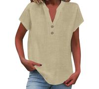 2025 Camisa Mujer Algodón y Lino Manga Corta Camiseta Color Sólido Top Sueltos Tops Túnicas Básicos Camiseta Gran Tamaño Blusas Elegante y Elegante Túnica Casual Top Ropa, 01#beige, XL
