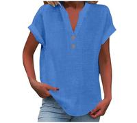 2025 Camisa Mujer Lino Algodón Manga Corta Camiseta Blusa Ligero Verano Casual Moda Color Sólido Cómodo Suelto Cuello en V Botones Tops Elegante Simple Basic tee Talla Grande Transpirable Hawaiana