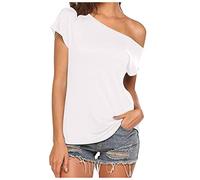 2025 Camiseta de manga corta casual sin hombros lisos irregular para mujer peluca de gimnasta, Blanco, S