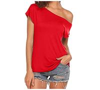 2025 Camiseta de manga corta casual sin hombros lisos irregular para mujer peluca de gimnasta, rojo, XL