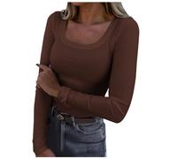 2025 Camiseta de manga larga para mujer cuello u- Top sexy gran tamaño color sólido casual clásico pasamanos top chic y elegante delgado ligero cómodo otoño Streetwear suéter, marrón, L