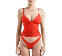 2025 Camiseta de tirantes sexy para mujer, con cuello en V profundo, sin mangas, entallada, camiseta básica para dormir, rojo, S