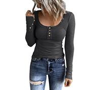2025 - Camisetas de manga larga para mujer, con botones, corte entallado, cuello redondo, camisas de punto acanalado, camiseta de fitness para mujer, gris oscuro, XXL