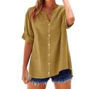 2025 Camisetas Manga Corta Mujer Algodón y Lino con Botones Primavera Verano Color sólido Moda Blusa Cuello en V Camiseta Casual Shirts Trabajo Fiesta Tops Elegante Cómoda Camisa Original Basica Top