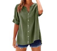 2025 Camisetas Manga Corta Mujer Algodón y Lino con Botones Primavera Verano Color sólido Moda Blusa Cuello en V Camiseta Casual Shirts Trabajo Fiesta Tops Elegante Cómoda Camisa Original Basica Top
