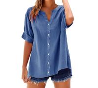 2025 Camisetas Manga Corta Mujer Algodón y Lino con Botones Primavera Verano Color sólido Moda Blusa Cuello en V Camiseta Casual Shirts Trabajo Fiesta Tops Elegante Cómoda Camisa Original Basica Top