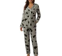 2025- Casual Peach Plaid Print Dos Piezas Manga Larga Pijama Pijama Camisón Mujer Perro, gris, XXL