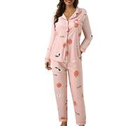 2025- Casual Peach Plaid Print Dos Piezas Manga Larga Pijama Pijama Camisón Mujer Perro, Rosa., L