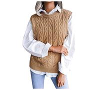 2025-Chaleco de suéter de moda retro patrón geométrico cuello redondo suéter sin mangas suéter de punto conjunto de mujer, caqui, S