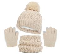 2025 - Conjunto de guantes de bufanda para niñas y niños pequeños, sombreros con pompón de punto calentador de cuello polaina manoplas forro polar conjunto gorro niño niña verano, beige, 1-6 años
