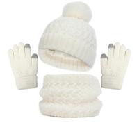 2025 - Conjunto de guantes de bufanda para niñas y niños pequeños, sombreros con pompón de punto calentador de cuello polaina manoplas forro polar conjunto gorro niño niña verano, Blanco, 1-6 años