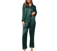 2025 Conjunto de pijama de seda para mujer, conjunto de pijama de satén de 2 piezas, manga larga, vestido abotonado, informal, con pantalones, camisón noruego, verde, M