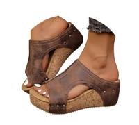 2025 Cork Wedges & Platform Slides Women's Thick Sole Comfy Leather Wedge Non-slip Summer Sandals Cork Sandals (Brown,37)