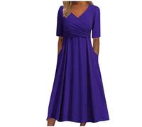 2025 Damen Casual V-Ausschnitt Kurzarm Plissee Lose Vintage Kleid Strand Langer Rock Sommerkleid Oriental, Lila., XXX-Large