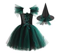 2025 Disfraz Bruja Niña,Vestido Halloween Niña Moda Sin Mangas Vestidos de Tul hasta La Rodilla con Sombrero de Bruja Elegante Lindo Disfraces Halloween para Carnval Cosplay Fiesta 2-12 años