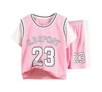 2025 El traje deportivo de manga corta de verano para niños, ropa de entrenamiento de baloncesto de moda para niños y niñas, se seca rápidamente es delgado bebé niño conjunto nacimiento, Rosa., 11-12