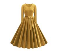 2025 Elegante vestido largo fluido con mangas largas, cuello, corte femenino de línea A, cómodo vestido diario, falda acampanada suave bolsillos, amarillo, XL